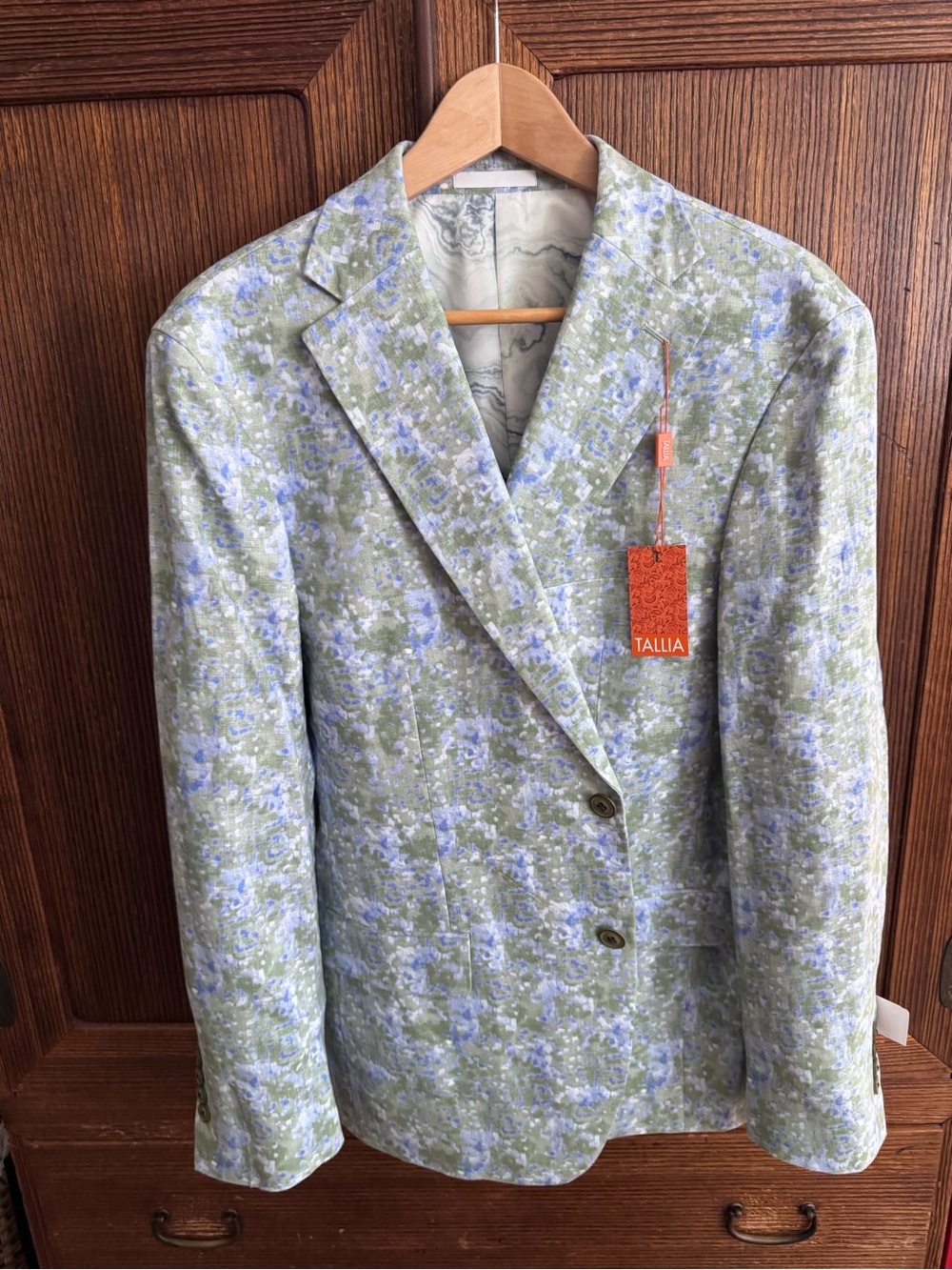 TALLIA Men’s Linen Light Green and Blue Floral-Print Men's Blazer size 42R